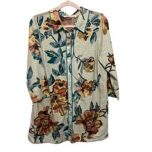 Soft Surroundings Elena Green Floral Button Top Tunic Blouse 3/4 Sleeve Medium